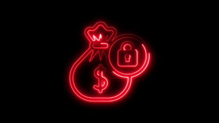 Secure finances concept neon glowing money bag and lock icon on black background