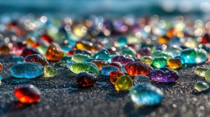 Colorful glass pebbles on a beach