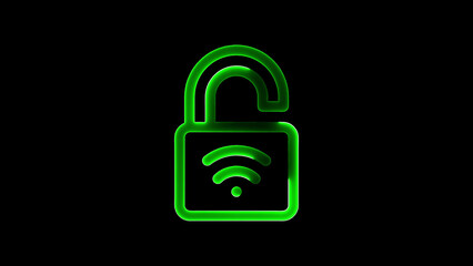 Glowing green open padlock with wifi symbol representing unlocked wireless network access
