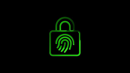 Secure digital data protection represented by green glowing fingerprint lock icon on black background