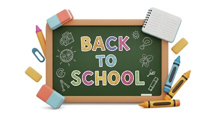 Colorful Back to School Chalkboard with Stationery Items and Fun Drawing Illustrations