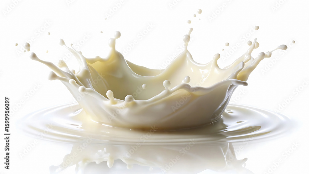Poster a dynamic milk splash creating a crown shape with droplets on a white reflective surface background