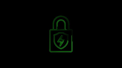 Green glowing padlock with shield and lightning bolt depicting cyber security and protection