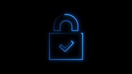 Glowing blue line design depicting an unlocked padlock with a verified checkmark symbol