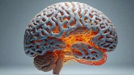 Fototapeta premium Digital illustration of a highly detailed human brain with exposed internal neural structures, tangled neurons, and glowing synapses to depict mental overload, burnout, or stress.
