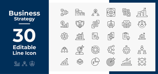 Editable Business strategy management line icon set for company communication team work