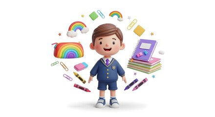 A Cheerful Character Surrounded by School Supplies and Colorful Rainbows