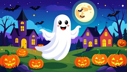 Spooky Halloween night with pumpkins, a haunted house, and bats under an autumn moon vector illustration