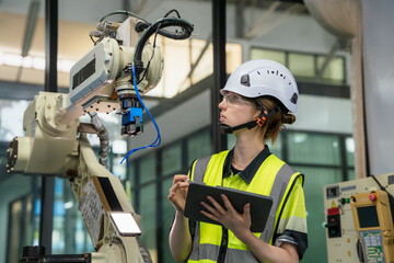 A woman in a yellow vest is looking at a tablet. Concept of Industry 4.0 with diverse engineers collaborating on automation technology.