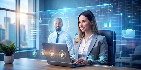 A smiling woman and man interact with a futuristic glowing digital interface displaying data charts and network connections in a modern