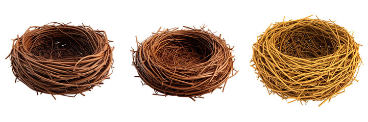Three Detailed 3D Plastic Style Bird Nests in Varying Shades of Brown and Yellow on a Transparent Background