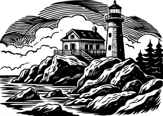 Fototapeta premium Picturesque Black and White Lighthouse Coastal Scene