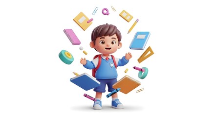 Cheerful Boy Surrounded by School Supplies and Learning Tools in a Playful Design