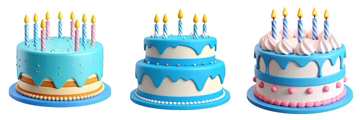 Three 3D Plastic Style Birthday Cakes with Blue Icing Candles and Decorations isolated against Transparent Background