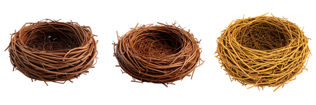 Three Detailed 3D Plastic Style Bird Nests in Varying Shades of Brown and Yellow on a Transparent Background
