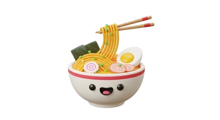 Delightful Anime-Style Ramen Bowl with Smiling Face Featuring Noodles and Toppings