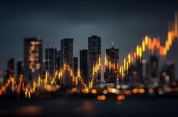 Business graph chart with glowing line on stock trade market. Growth investment with buildings in background. Generative AI financial datum analysis, exchange currency information with modern