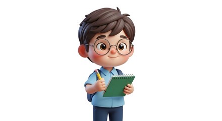 Cheerful Boy Holding a Notebook and Pencil in a Playful Style