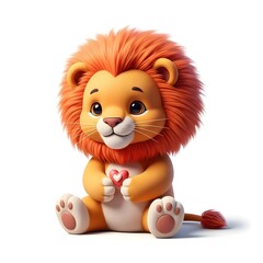 Cute Cartoon Lion Holding a Heart with Adorable Facial Expression and Fluffy Mane