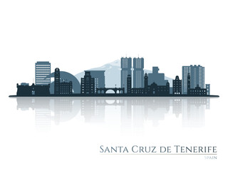 Santa Cruz de Tenerife skyline silhouette with reflection. Landscape Santa Cruz de Tenerife, Spain. Vector illustration.