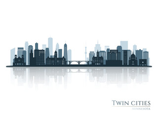 Twin Cities skyline silhouette with reflection. Landscape Twin Cities, Minnesota. Vector illustration.