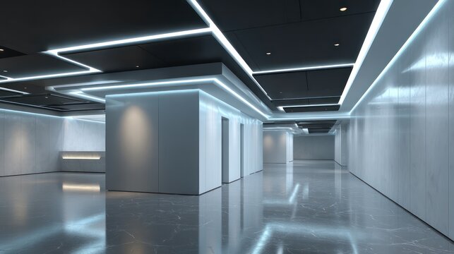 Space-inspired suite with segmented black ceiling panels lit with cool blue edge lights high-gloss silver walls and polished floor