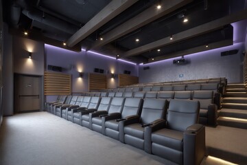 Space cinema interior in cobalt black and soft lavender with ambient aisle lights volumetric diffusion around projector glow and
