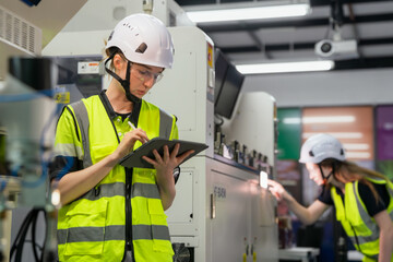 A woman in a yellow vest is writing on a tablet. Concept of Industry 4.0 with diverse engineers...