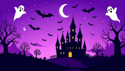 Spooky Halloween night with a dark castle silhouette under a full moon, featuring bats and an eerie tree, all in a captivating cartoon vector illustration