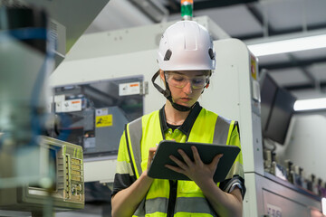 Fototapeta premium A worker in a yellow and black vest is looking at a tablet. Concept of Industry 4.0 with diverse engineers collaborating on automation technology.
