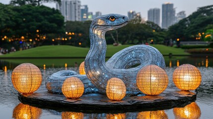 Illuminated Serpent Sculpture in a City Park