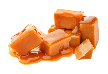 delicious caramel candies with caramel sauce on transparent background.