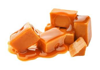 delicious caramel candies with caramel sauce on transparent background.