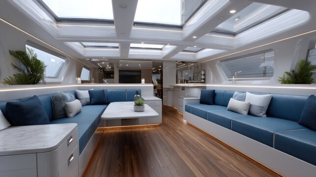 Space yacht interior in platinum white and nautical navy with reflective hardwood flooring overhead light diffusion and mirror-finish consoles