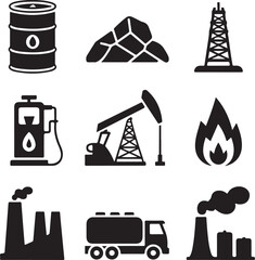 Fossil Fuel Energy Icons Solid Vector Set of Oil, Coal, and Gas Industry Symbols