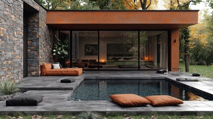 Modern Home Exterior with Infinity Pool and Rust-Colored Facade