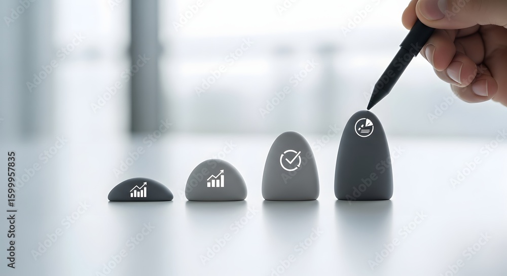 Poster visualizing business growth and strategic planning. a hand with a stylus points to the next step in 