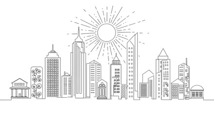 Fototapeta premium A minimalist line art illustration of a modern city skyline with diverse architectural styles, bathed in the bright rays of a stylized sun.