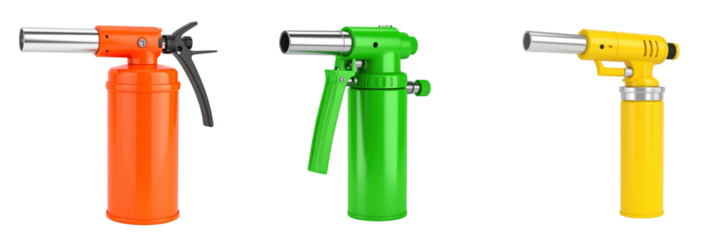 3D Plastic Style Blowtorches In Orange Green And Yellow With Metallic Nozzles Against Transparent Background