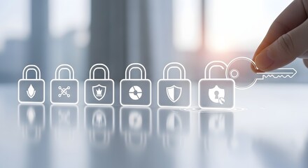 Cybersecurity concept with a hand holding a key to unlock a digital padlock, symbolizing access, data protection, and unlocking business potential