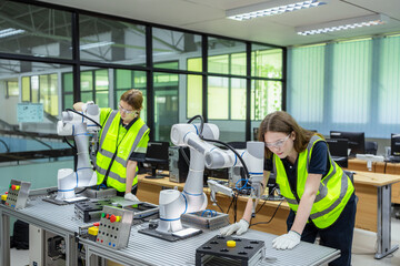Two women are working on a robot in a factory. Concept of Industry 4.0 with diverse engineers collaborating on automation technology.