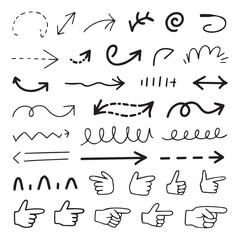 Collection of hand drawn arrows and pointing fingers on white background