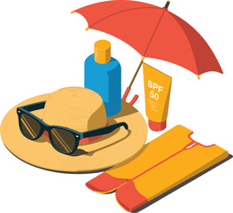 Isometric Sun Safety Icons – Flat Vector Set of Sun Protection Essentials