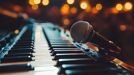 Night Stage Performance: Keyboard and Microphone Setup