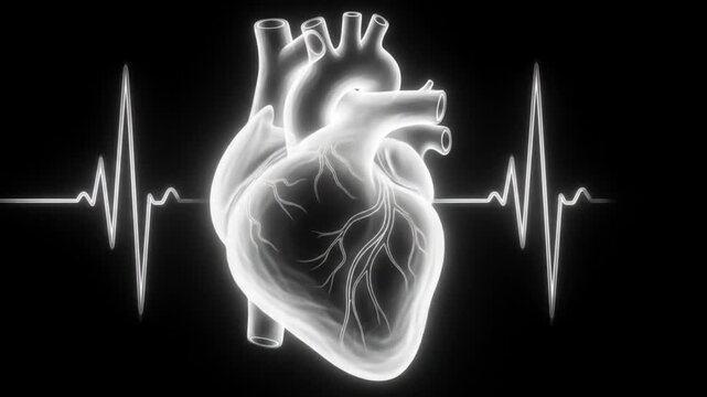 Heart pumping anatomical human heart with ECG symbolizes vitality and cardiac function in medical illustrations. Suitable for healthcare, medical presentations, and educational materials.