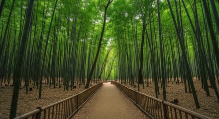 Serene bamboo forest pathway with lush green canopy and wooden railing