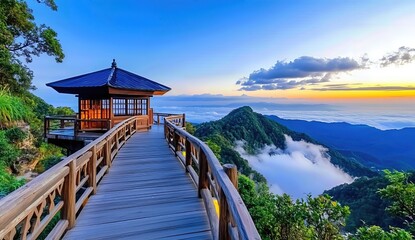 Obraz premium Sunrise Mountain Pavilion Wooden Walkway Over Cloudscape