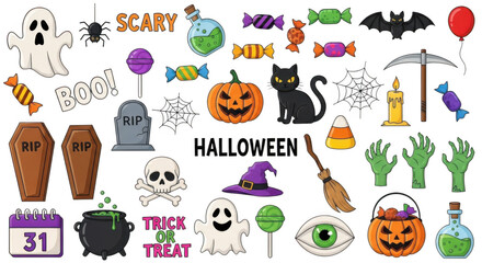 A collection of spooky halloween icons including ghosts, pumpkins, bats, spiders, and candy isolated on transparent background