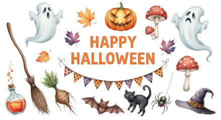 Naklejka premium Happy halloween with festive decorations like ghosts, pumpkins, bats, and witch hats isolated on transparent background