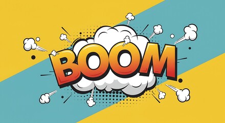 Fototapeta premium Cartoon Explosion with Orange Boom Text on Divided Yellow Turquoise Background